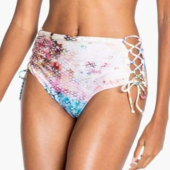 Rachel Roy Womens Small Luminous Snake-Print Lace-Up High-Waist Swim Bottom 1489 - Picture 1 of 7